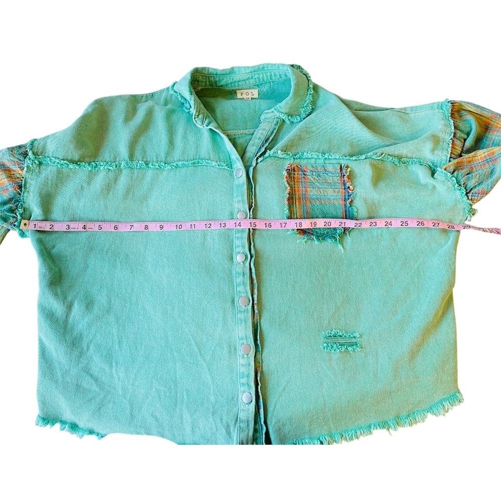POL Shacket Women’s Medium Teal Denim Plaid Patchwork Distressed Oversized - Picture 11 of 13